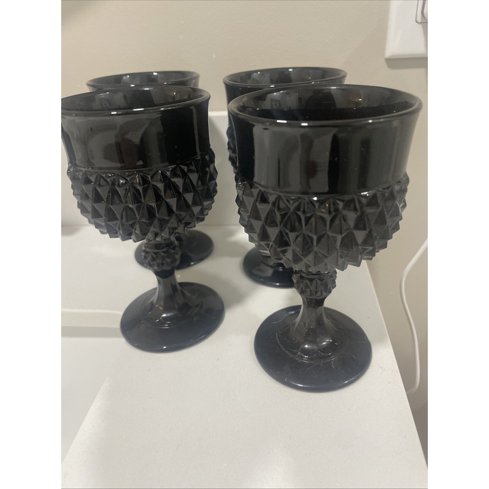 4 Vintage Tiara Cameo Black Diamond Point Goblets 5.5" Gothic Halloween